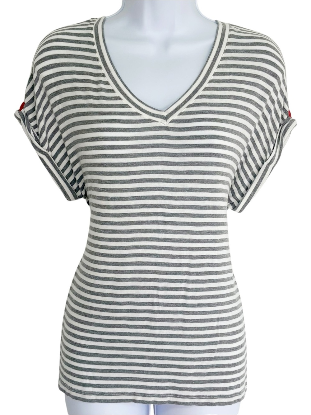 C&C CALIFORNIA Striped Linen Blend V Neck Heart Embroidered Tee Top M